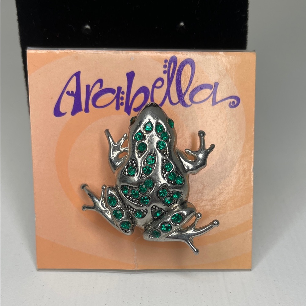 Silver Tone Frog Brooch with Green Accents Vintage